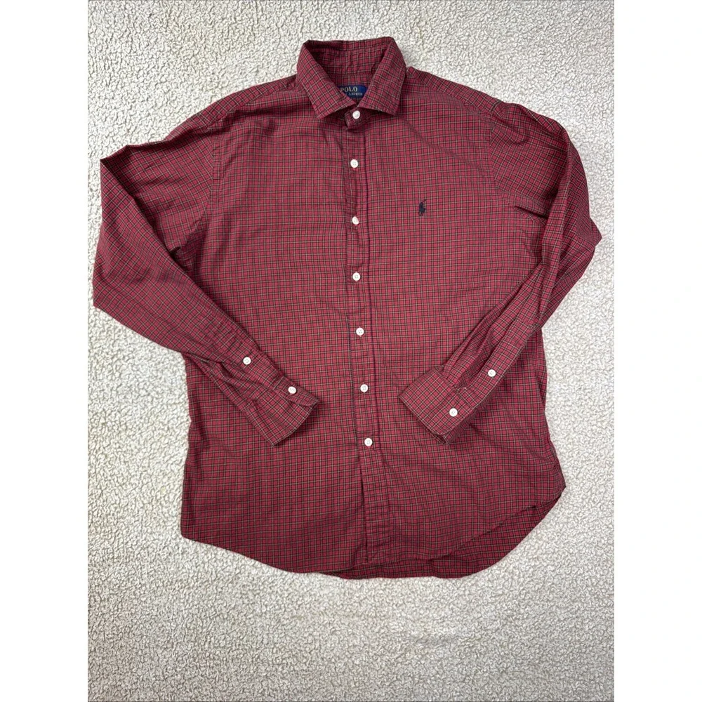 Polo Ralph Lauren Button Up Shirt Mens L Red Plaid Long Sleeve Check Black Pony
